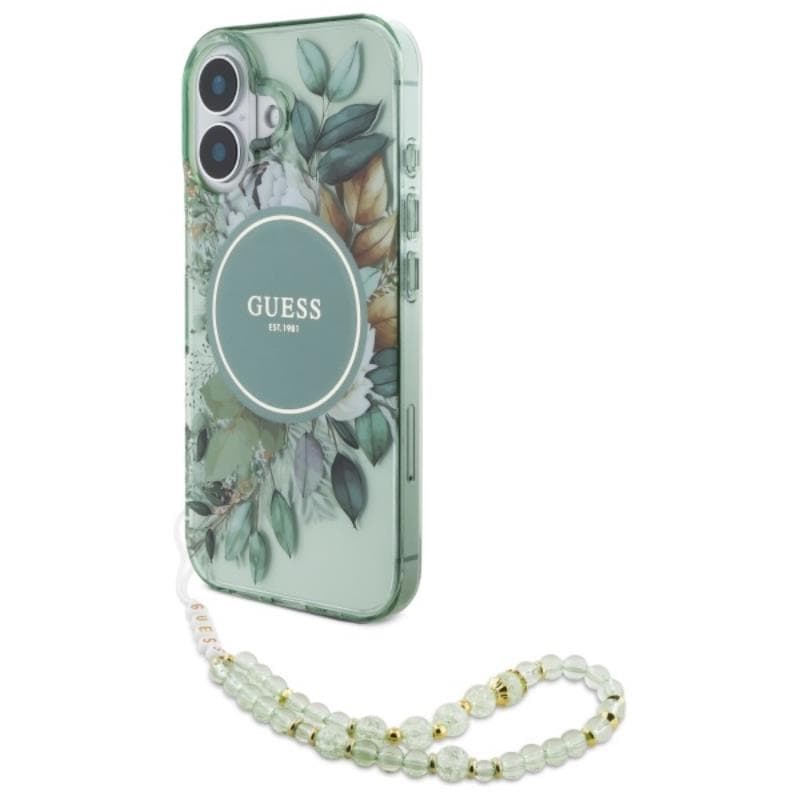 Guess IML Flowers With Pearl Strap MagSafe - Case for iPhone 16 Plus (Green)