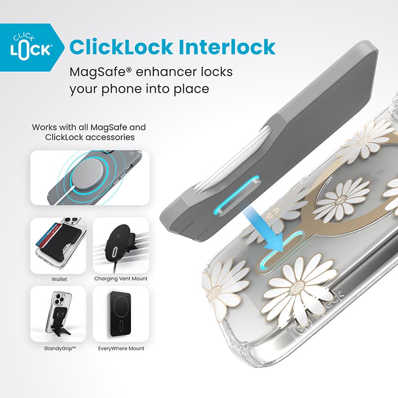 Speck Presidio Lux ClickLock & MagSafe - iPhone 16 Pro Case (Sunshine Daisies / Clear / Gold) 2