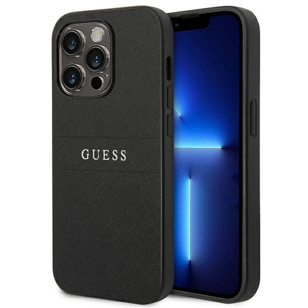 Guess Saffiano Metal Logo Stripes - Case for iPhone 14 Pro (Black) 1