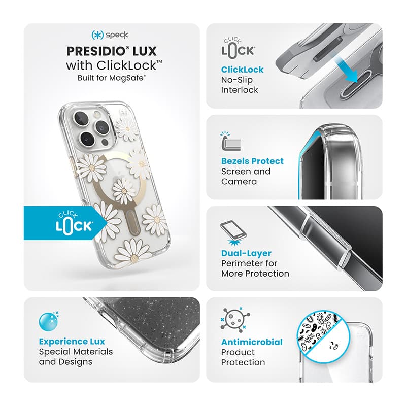 Speck Presidio Lux ClickLock & MagSafe - iPhone 16 Pro Case (Sunshine Daisies / Clear / Gold) 3