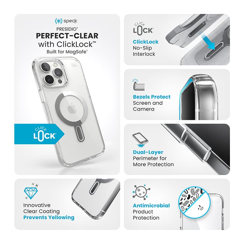 Speck Presidio Perfect-Clear ClickLock & MagSafe - iPhone 16 Pro Max Case (Clear / Chrome Finish / Serene Silver) 3