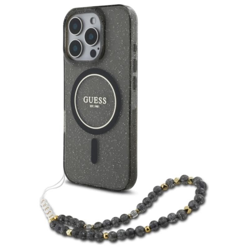 Guess IML Glitter With Pearl Strap MagSafe - Case for iPhone 16 Pro Max (Black)