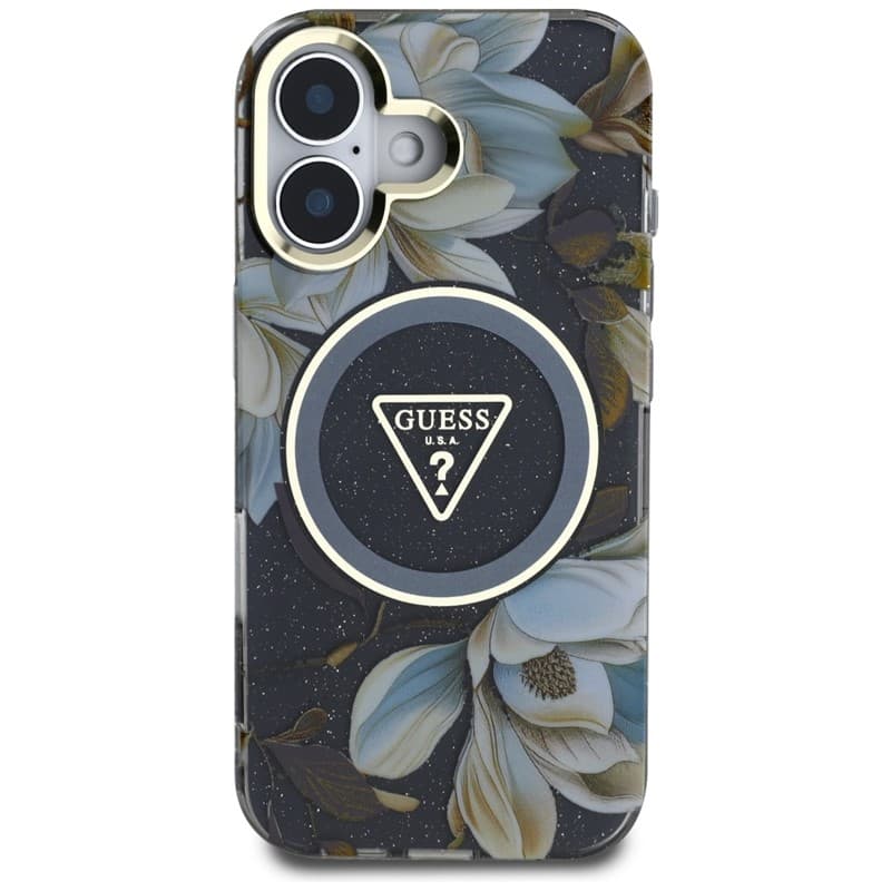 Guess Glitter Flowers Triangle Buttons MagSafe - Case for iPhone 16 (black) 3