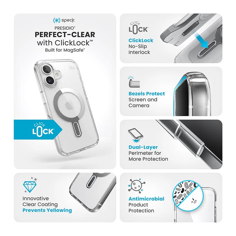 Speck Presidio Perfect-Clear ClickLock & MagSafe - iPhone 16 Case (Clear / Chrome Finish / Serene Silver) 3