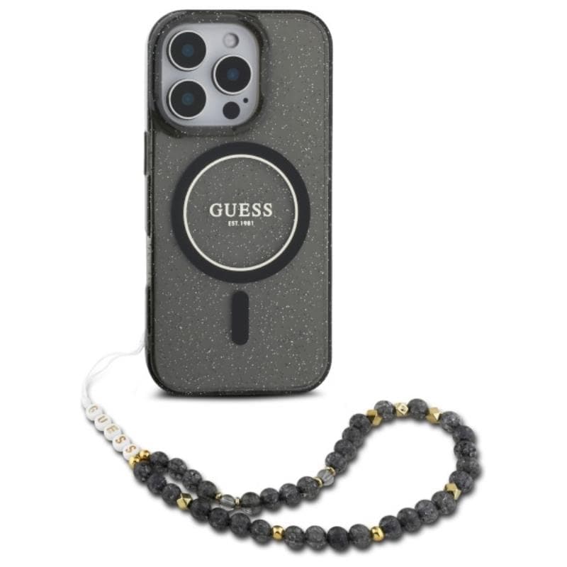 Guess IML Glitter With Pearl Strap MagSafe - Case for iPhone 16 Pro Max (Black) 2
