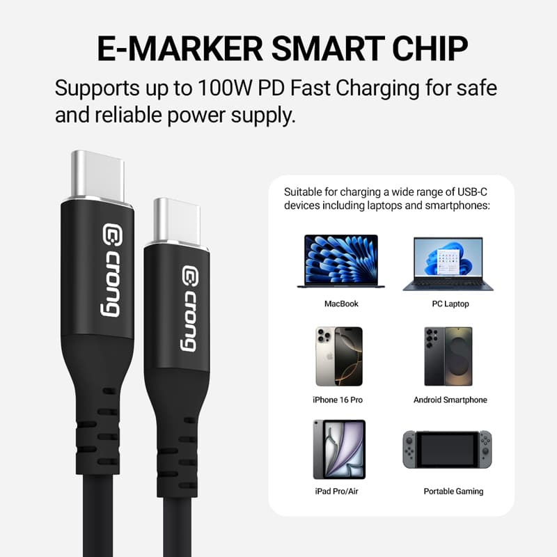 Crong Soft Link - 100W PD 5A USB-C to USB-C Cable 120cm (Black) 3