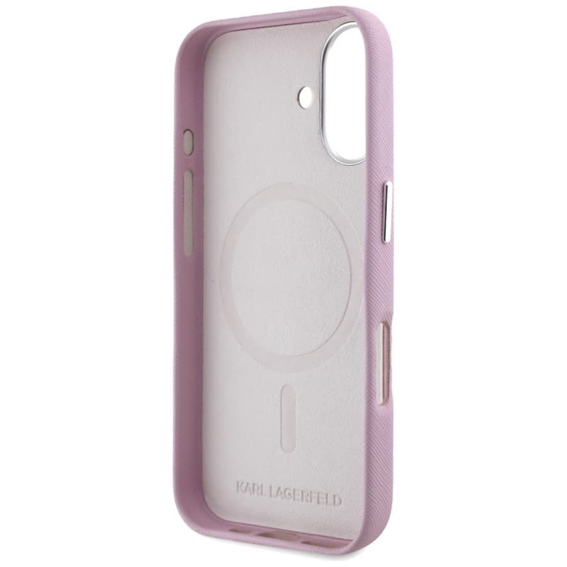 Karl Lagerfeld Saffiano Full Wrapped Elongated Metal Logo MagSafe - Case for iPhone 16 (pink) 7