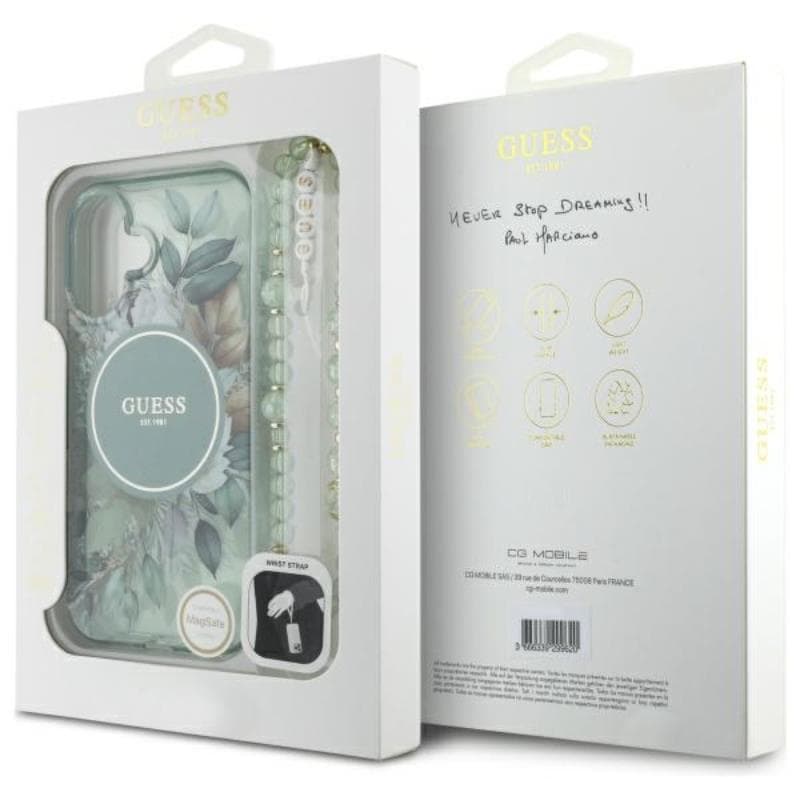 Guess IML Flowers With Pearl Strap MagSafe - Case for iPhone 16 Plus (Green) 7