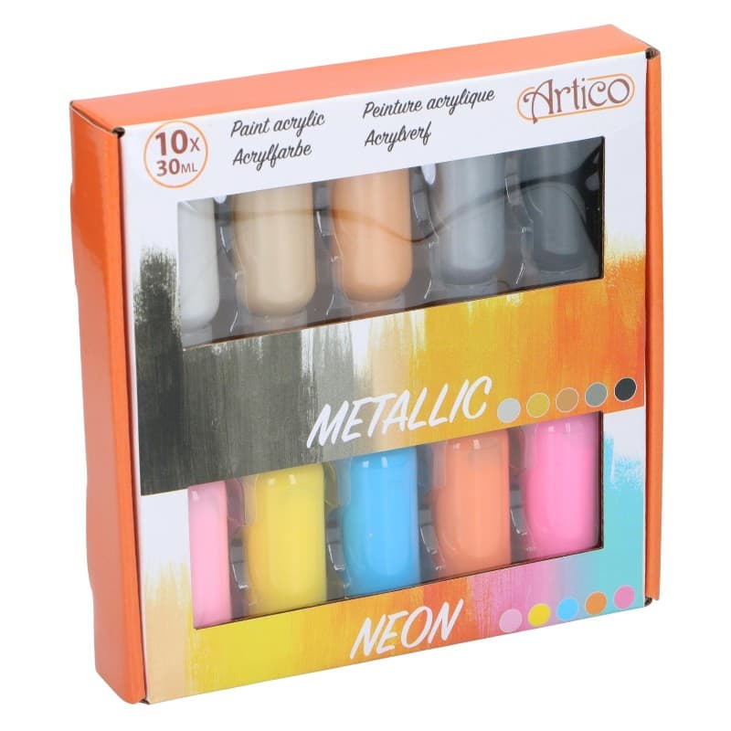 Artico - Set of neon / metallic acrylic paints in tubes 30 ml