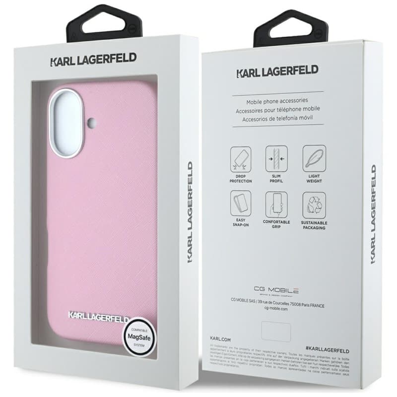 Karl Lagerfeld Saffiano Full Wrapped Elongated Metal Logo MagSafe - Case for iPhone 16 (pink) 8