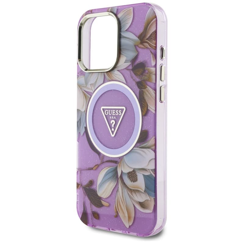 Guess Glitter Flowers Triangle Buttons MagSafe - Case for iPhone 16 Pro Max (purple) 6