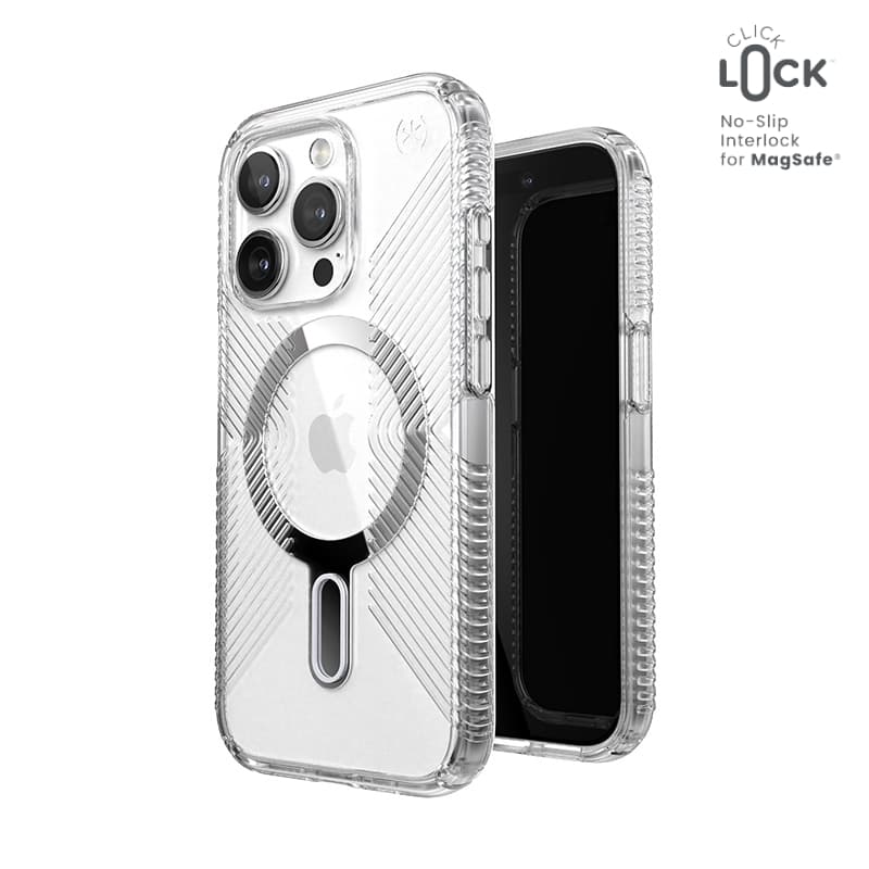 Speck Presidio Perfect-Clear Grip ClickLock & MagSafe - iPhone 15 Pro Case (Clear / Chrome Finish / Serene Silver)