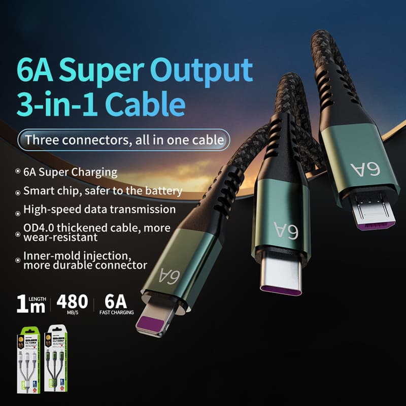 WEKOME WDC-170 Raython Series - 3-in-1 USB-A to USB-C + Lightning + Micro USB 1.2 m Fast Charging PD Cable (Black) 2