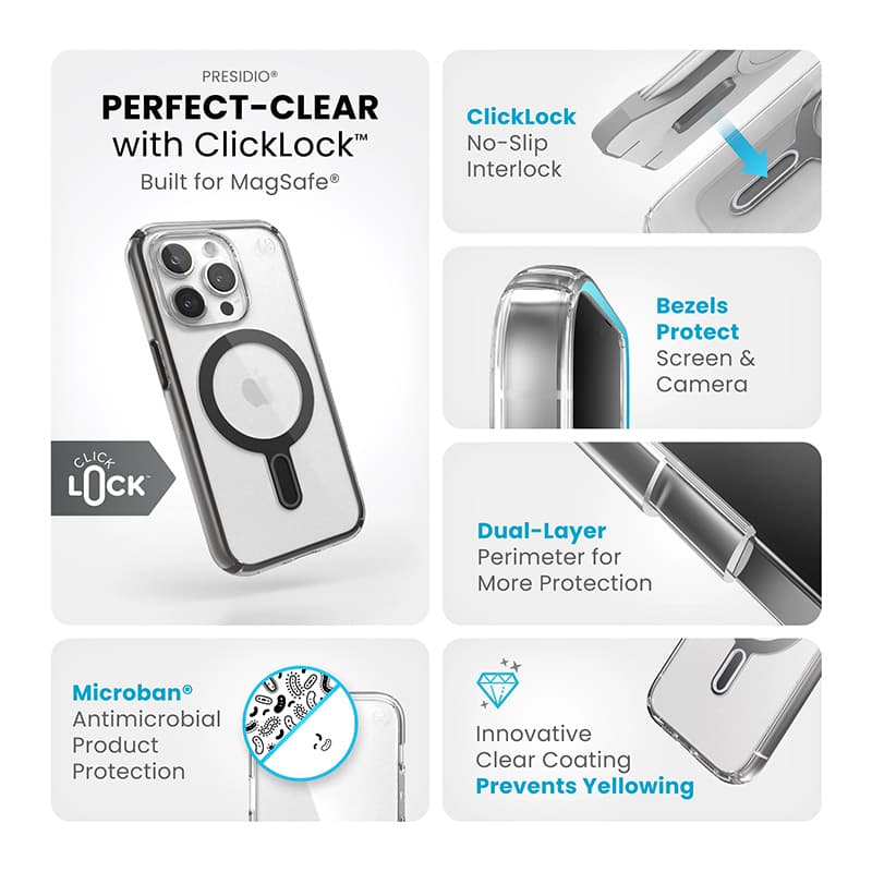 Speck Presidio Perfect-Clear ClickLock & Magsafe - iPhone 15 Pro Case (Clear / Frosted Black / Slate Gray) 4