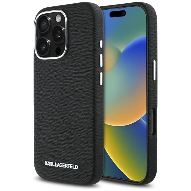 Karl Lagerfeld Saffiano Full Wrapped Elongated Metal Logo MagSafe - Case for iPhone 16 Pro Max (black) 1