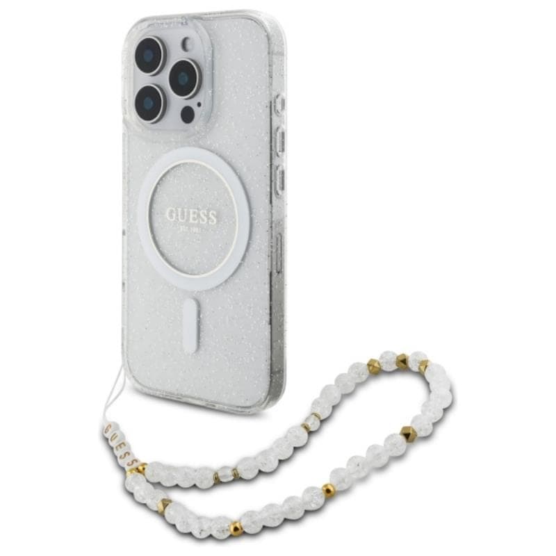 Guess IML Glitter With Pearl Strap MagSafe - Case for iPhone 16 Pro Max (Transparent)