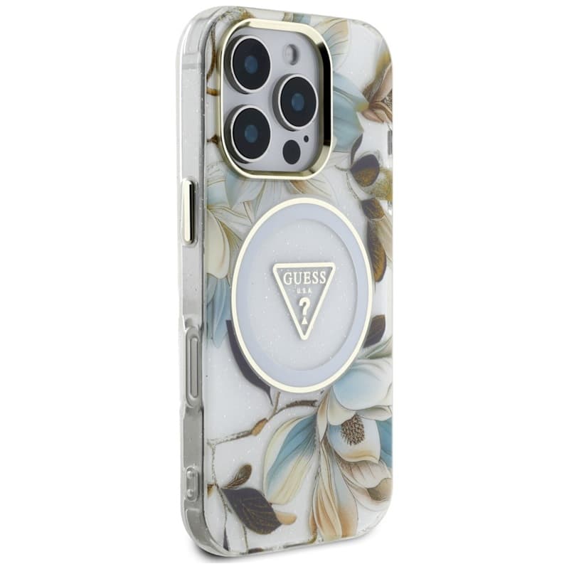 Guess Glitter Flowers Triangle Buttons MagSafe - Case for iPhone 16 Pro (white) 4