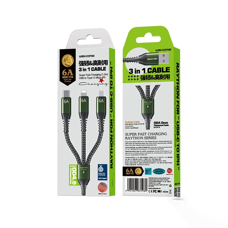 WEKOME WDC-170 Raython Series - 3-in-1 USB-A to USB-C + Lightning + Micro USB 1.2 m Fast Charging PD Cable (Black) 3