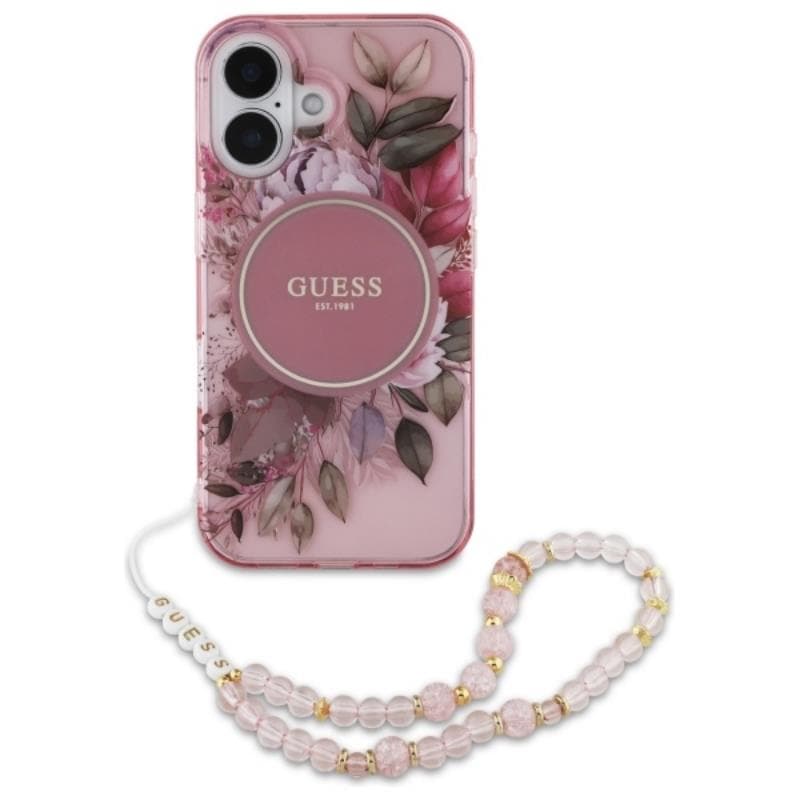 Guess IML Flowers With Pearl Strap MagSafe - Case for iPhone 16 Plus (Pink) 2