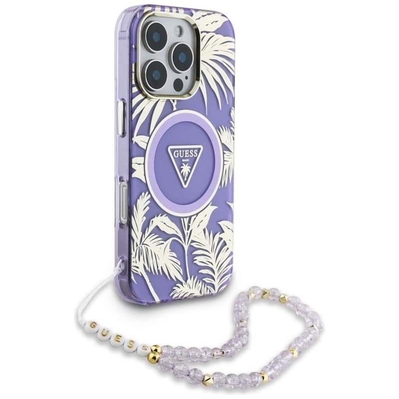 Guess Palm Trees Triangle Pearl Strap MagSafe - Case for iPhone 16 Pro (purple) 3