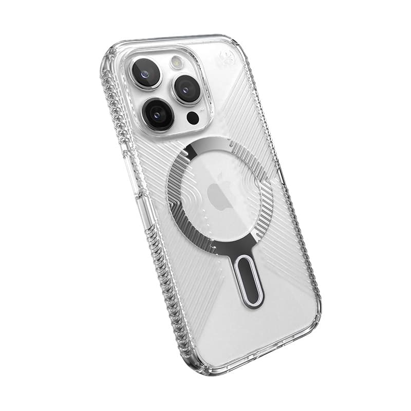 Speck Presidio Perfect-Clear Grip ClickLock & MagSafe - iPhone 15 Pro Case (Clear / Chrome Finish / Serene Silver) 6
