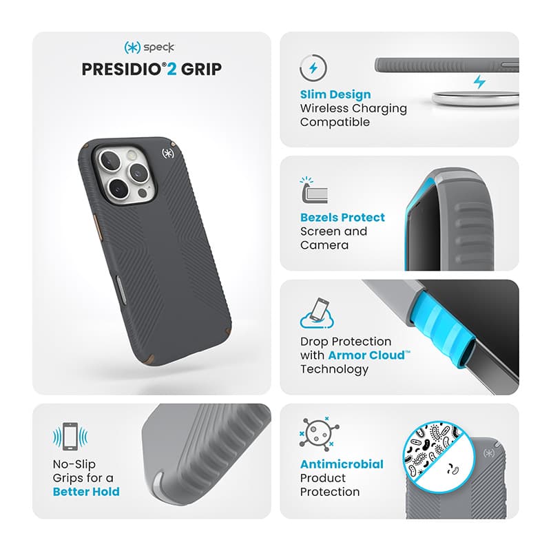Speck Presidio2 Grip - iPhone 16 Pro Case (Charcoal Gray / Cool Bronze / White) 6