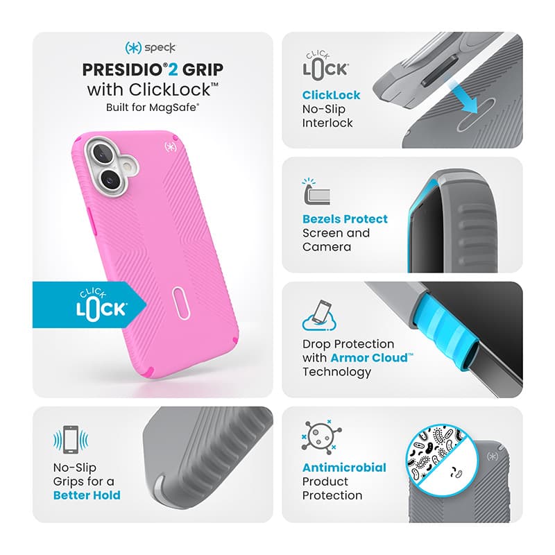 Speck Presidio2 Grip ClickLock & MagSafe - iPhone 16 Plus Case (True Pink / Shocking Pink / White) 3