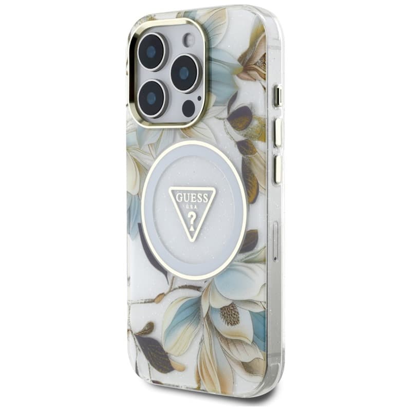 Guess Glitter Flowers Triangle Buttons MagSafe - Case for iPhone 16 Pro (white) 2