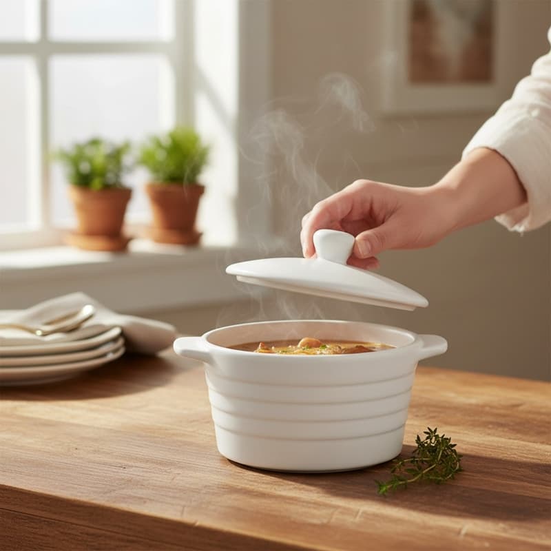 Alpina - Ceramic ovenproof dish with lid, round, 13x10 cm, 210 ml (white) 3