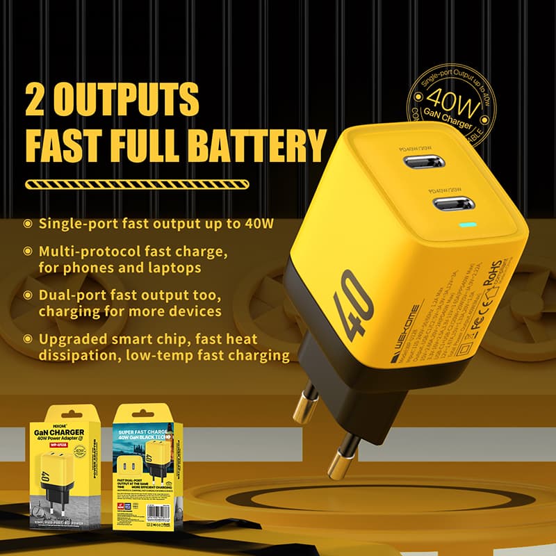 WEKOME WP-U128 - 2x USB-C Super Fast Charge GaN 40W mains charger (Yellow) 2