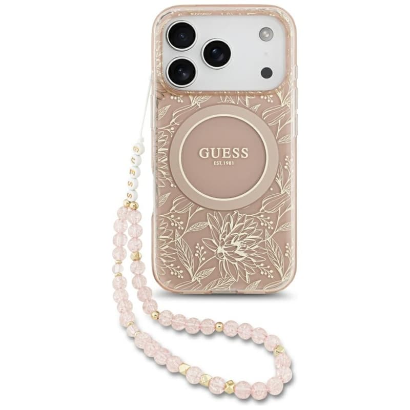 Guess IML Flowers Electro Pearl Strap MagSafe - Case iPhone 17 Pro (pink)