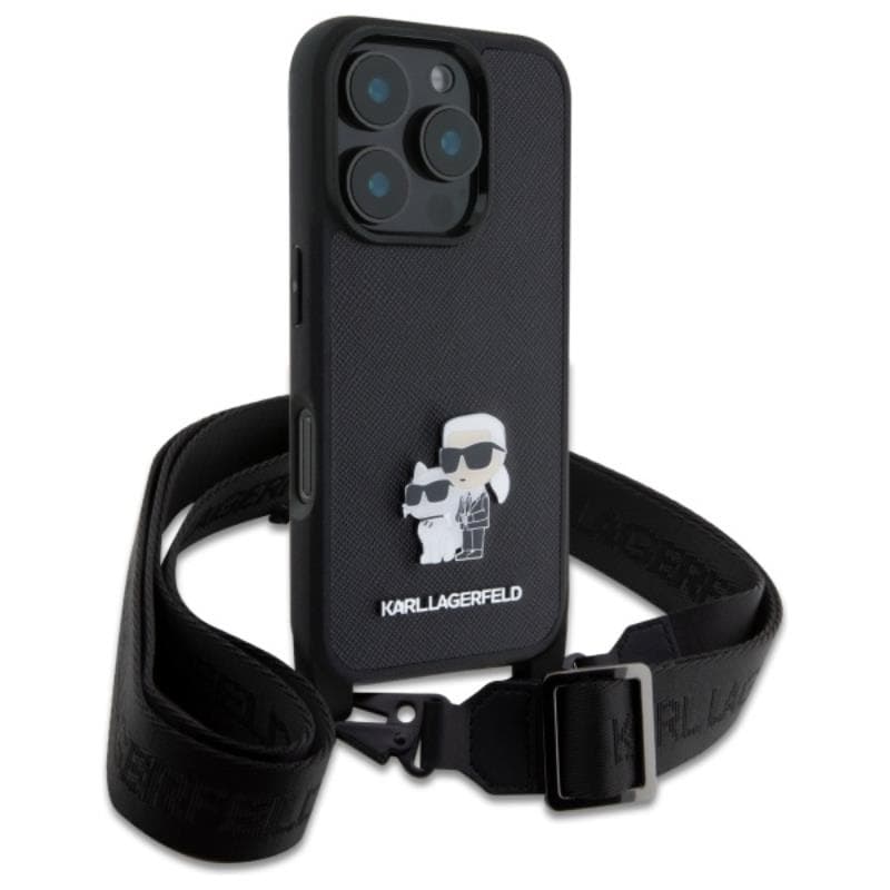Karl Lagerfeld Saffiano Karl & Choupette Metal Pin CBDY Strap - Case for iPhone 16 Pro (black) 3