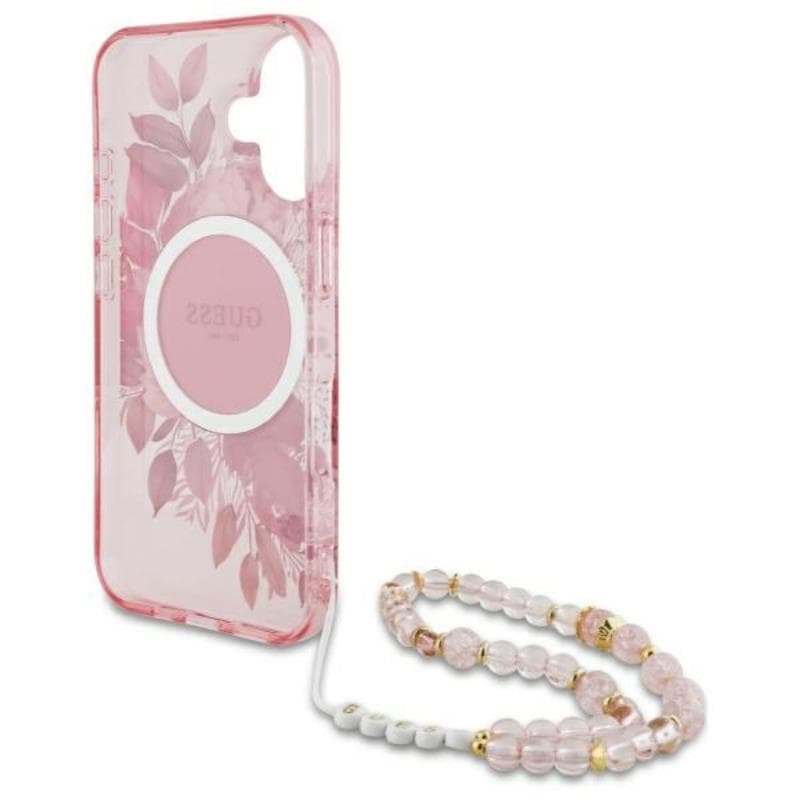 Guess IML Flowers With Pearl Strap MagSafe - Case for iPhone 16 Plus (Pink) 5