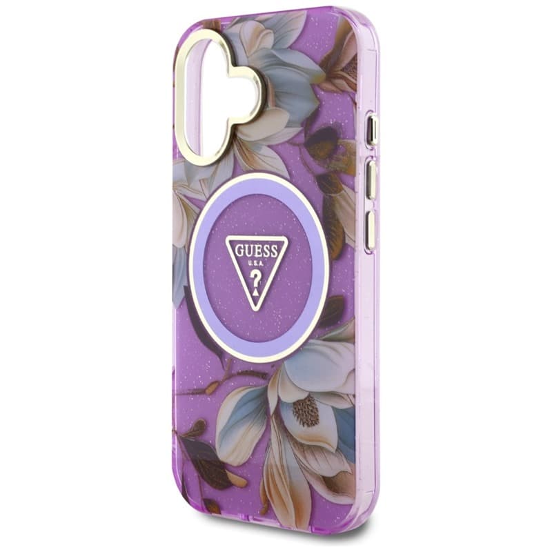Guess Glitter Flowers Triangle Buttons MagSafe - Case for iPhone 16 (purple) 6