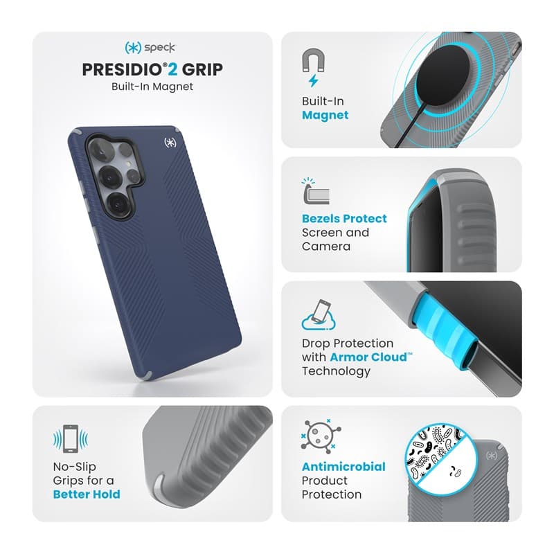 Speck Presidio2 Grip Magnet - Samsung Galaxy S25 Ultra MagSafe Case (Coastal Blue/Dust Gray/White) 6