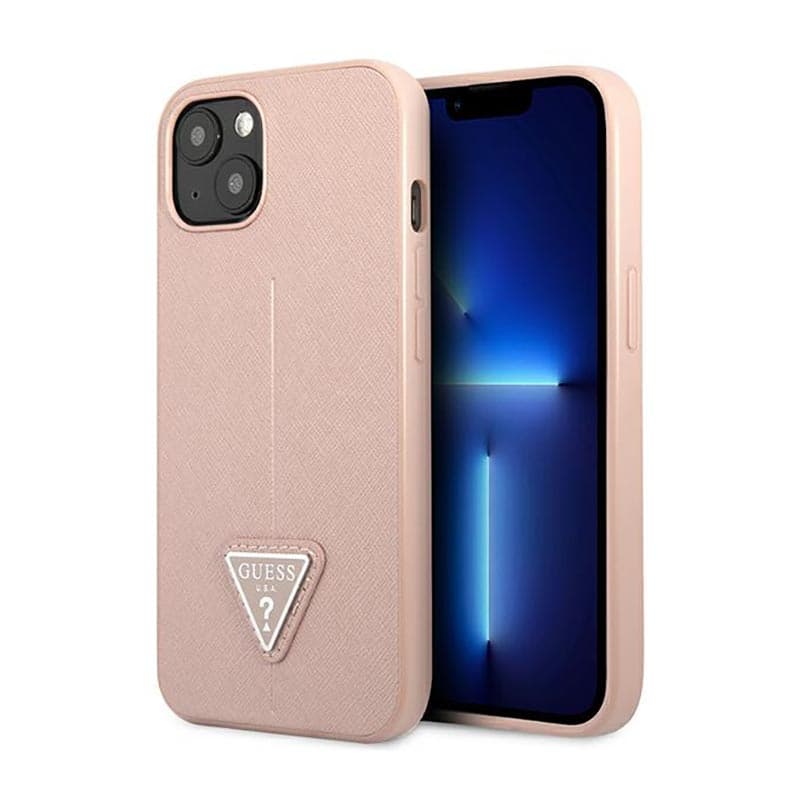Guess Saffiano Triangle Logo Case - Case for iPhone 14 Plus (Pink) 1