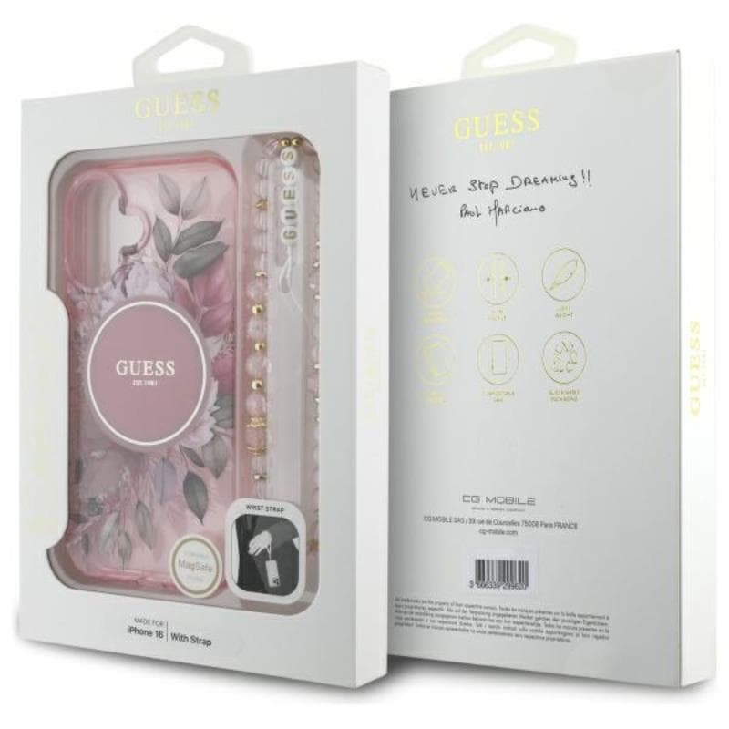Guess IML Flowers With Pearl Strap MagSafe - Case for iPhone 16 Plus (Pink) 6