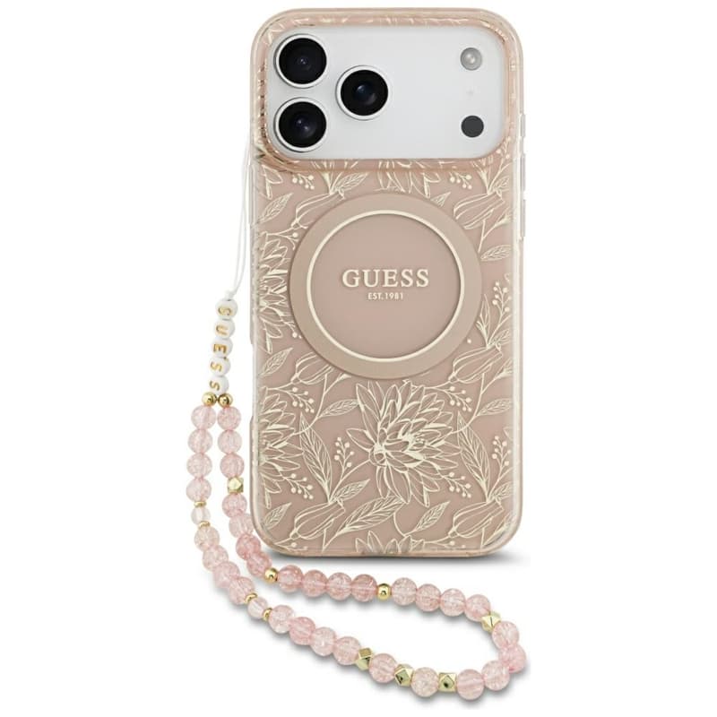 Guess IML Flowers Electro Pearl Strap MagSafe - Case iPhone 17 Pro Max (pink)