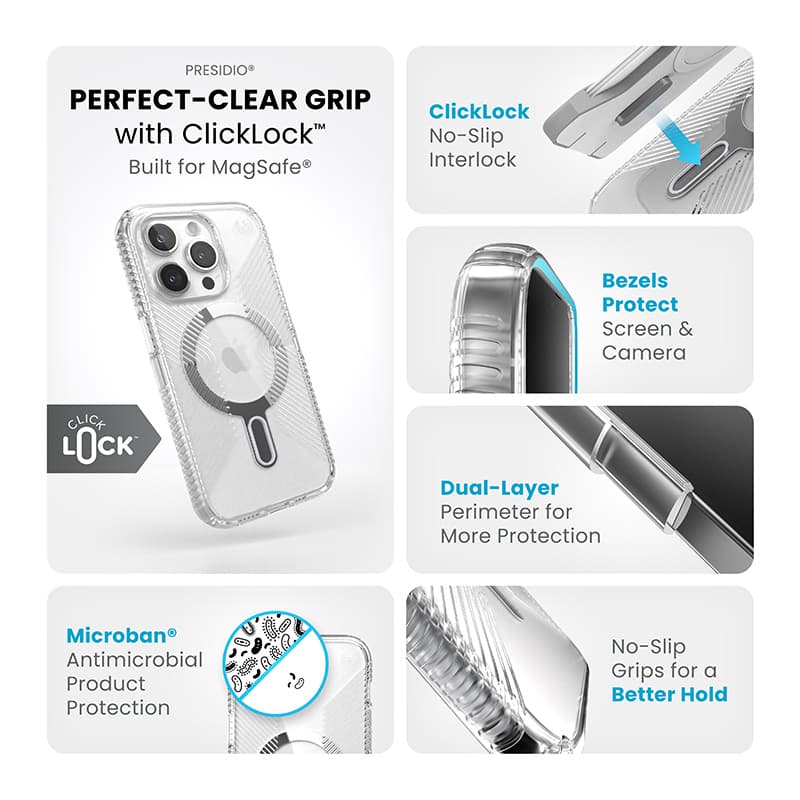 Speck Presidio Perfect-Clear Grip ClickLock & MagSafe - iPhone 15 Pro Case (Clear / Chrome Finish / Serene Silver) 4