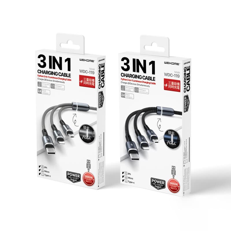 WEKOME WDC-119 Fython Series - 3-in-1 USB-A to Lightning + USB-C + Micro USB PD Connecting Cable 1.2 m (Silver) 2