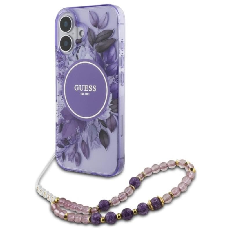Guess IML Flowers With Pearl Strap MagSafe - Case for iPhone 16 Plus (Purple)