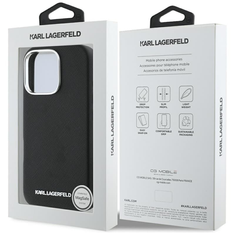 Karl Lagerfeld Saffiano Full Wrapped Elongated Metal Logo MagSafe - Case for iPhone 16 Pro Max (black) 8