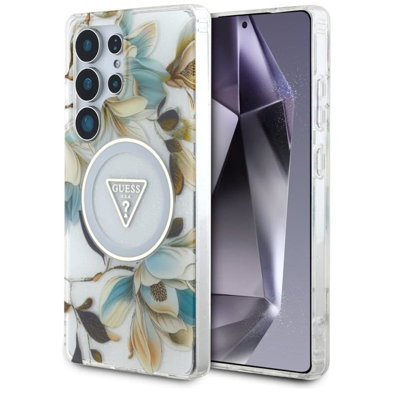 Guess Glitter Flowers Triangle Buttons MagSafe - Case for Samsung Galaxy S25 Ultra (white)