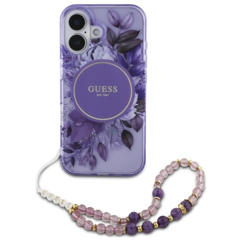 Guess IML Flowers With Pearl Strap MagSafe - Case for iPhone 16 Plus (Purple) 2