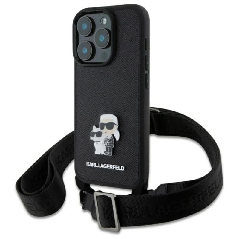 Karl Lagerfeld Saffiano Karl & Choupette Metal Pin CBDY Strap - Case for iPhone 16 Pro Max (black)