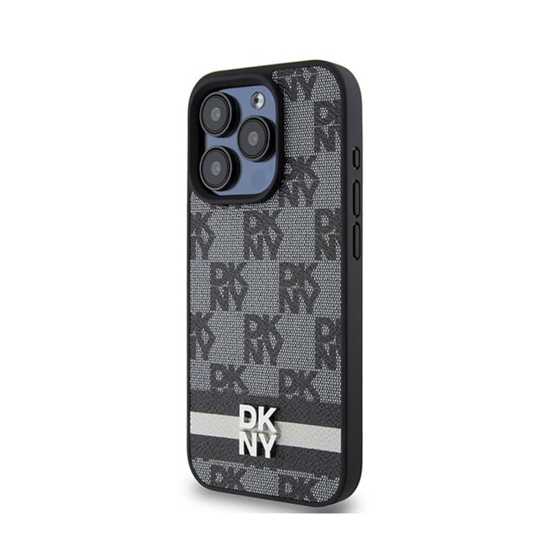 DKNY Leather Checkered Mono Pattern & Printed Stripes - iPhone 15 Pro Case (black) 2
