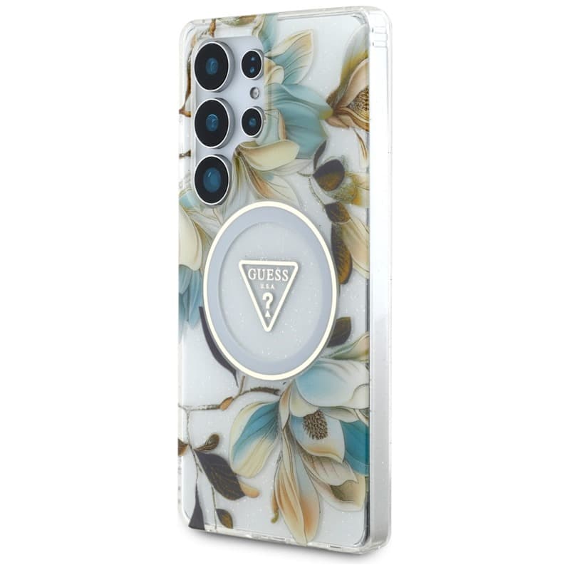 Guess Glitter Flowers Triangle Buttons MagSafe - Case for Samsung Galaxy S25 Ultra (white) 2