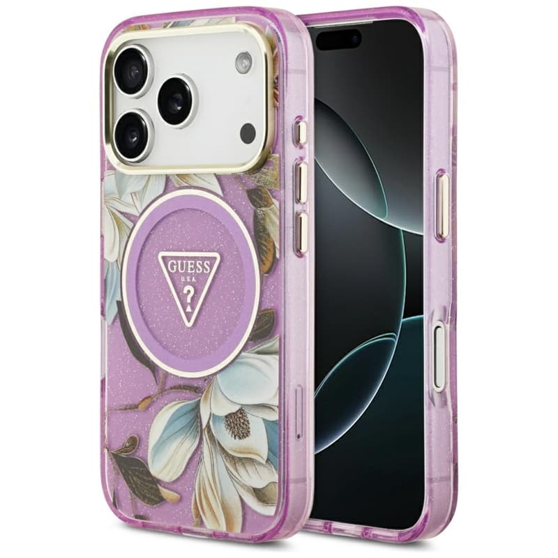 Guess IML Glitter Flowers Triangle MagSafe - Case iPhone 17 Pro (purple)