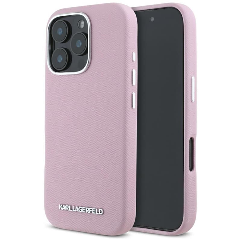 Karl Lagerfeld Saffiano Full Wrapped Elongated Metal Logo MagSafe - Case for iPhone 16 Pro Max (pink)