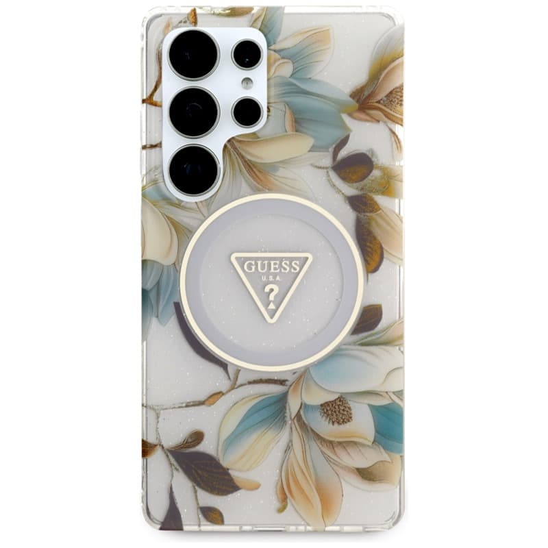 Guess Glitter Flowers Triangle Buttons MagSafe - Case for Samsung Galaxy S25 Ultra (white) 3